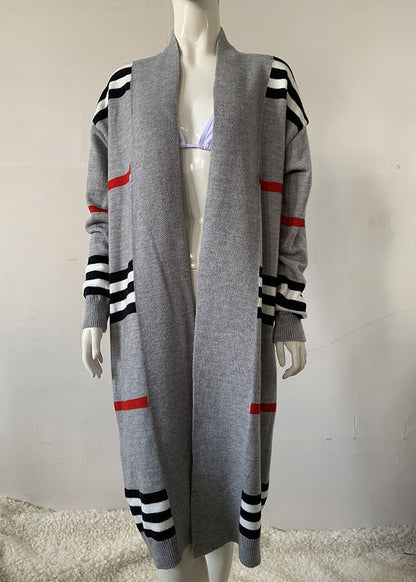 Grey V Neck Striped Knit Cardigan Fall