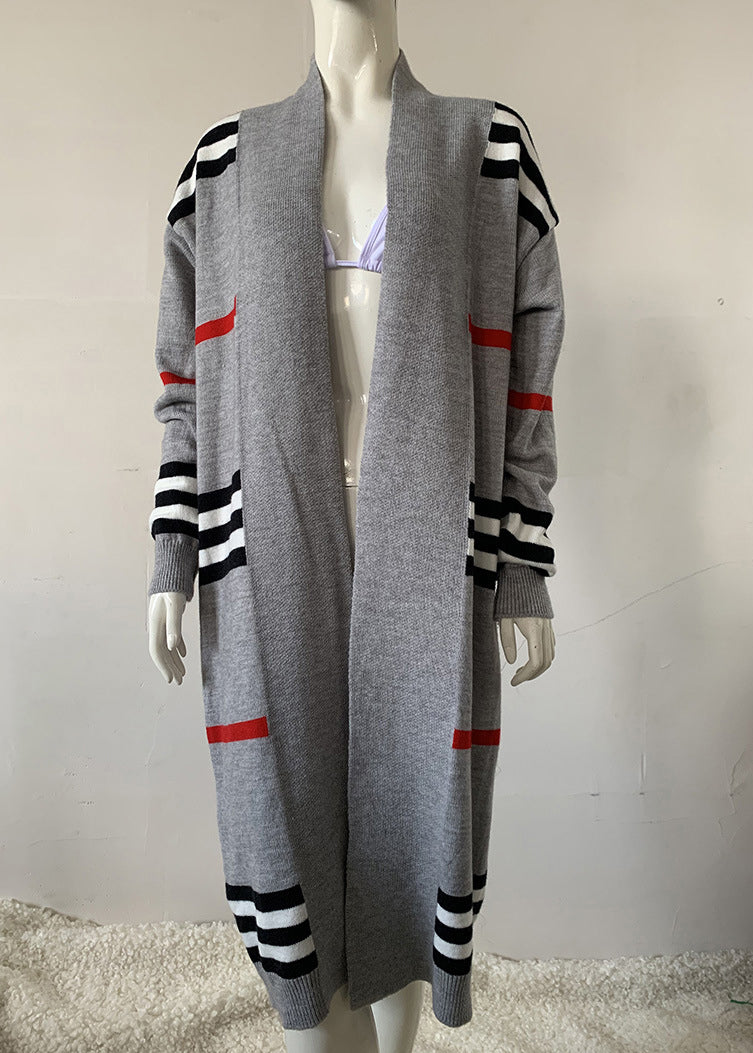 Grey V Neck Striped Knit Cardigan Fall
