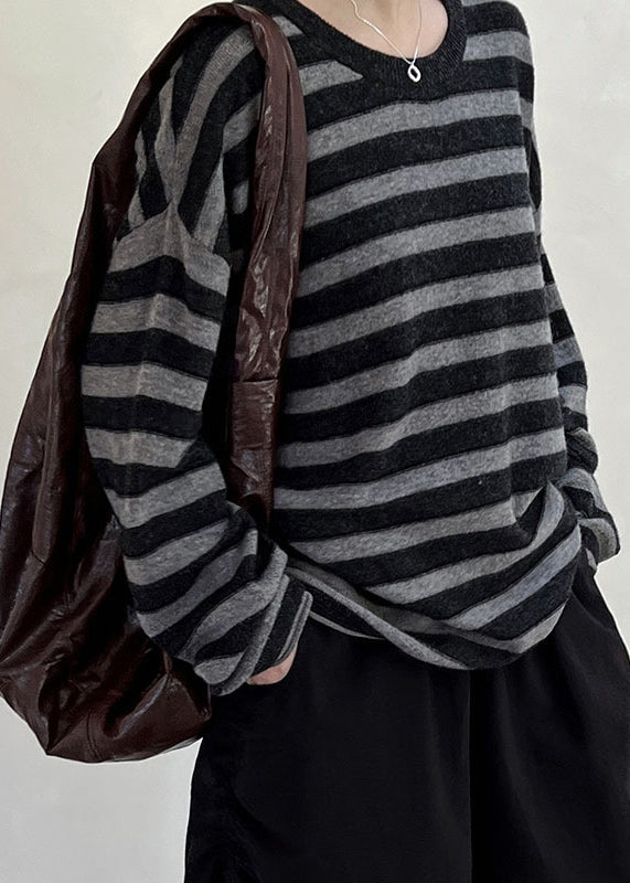 Coffee O-neck Striped Woolen Top Long Sleeve