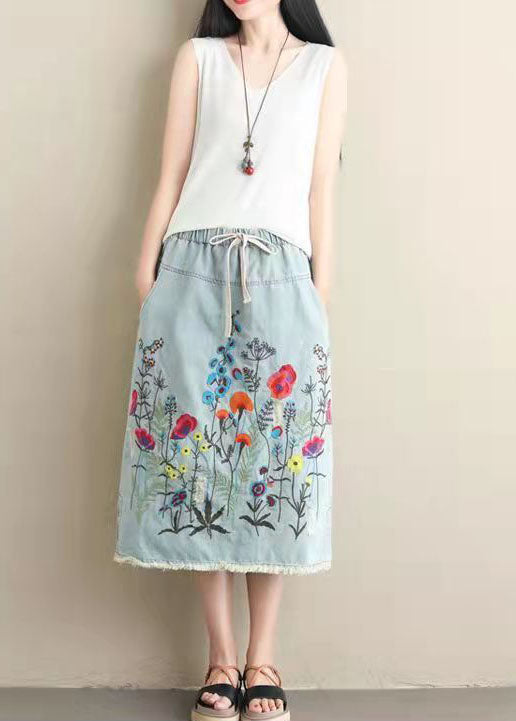 Light Blue Embroidered Pockets A-line Summer Denim Skirts