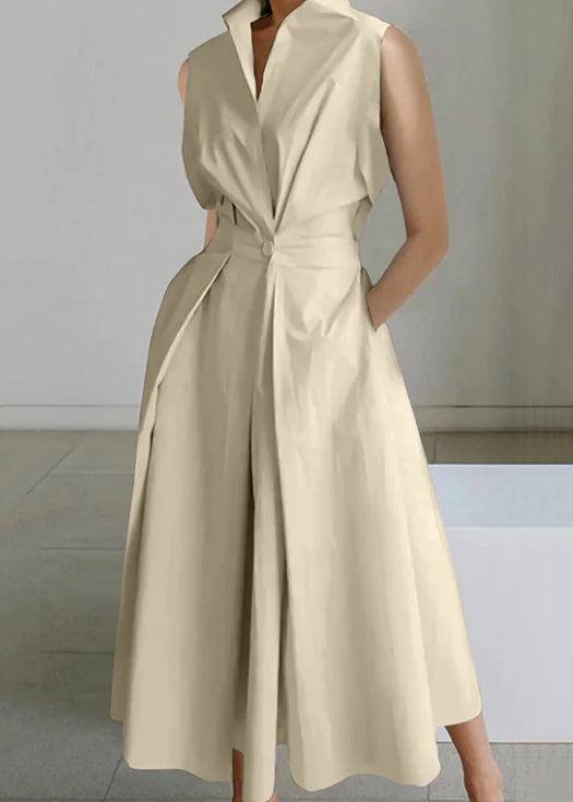 Loose White Button Pockets Cotton Long Dress Sleeveless