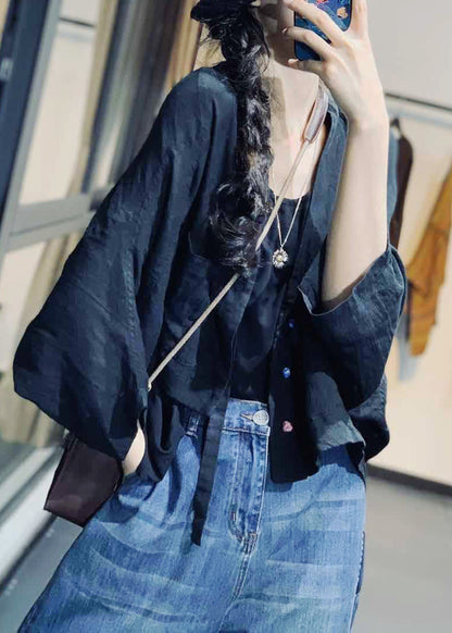 Black Low High Design Linen Coat V Neck Fall