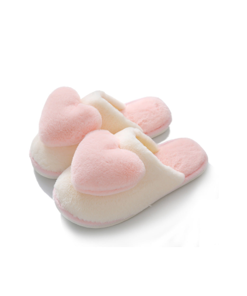Pink Fuzzy Wool Lined Slippers Shoes Splicing Heart