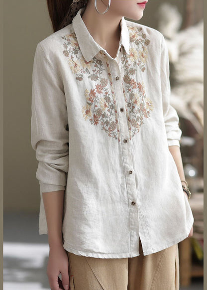 Beige Peter Pan Collar Embroidered Linen Top Spring