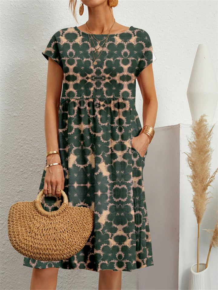 New Loose Cotton and Linen Sleeveless Round Neck Printed A-line Skirt