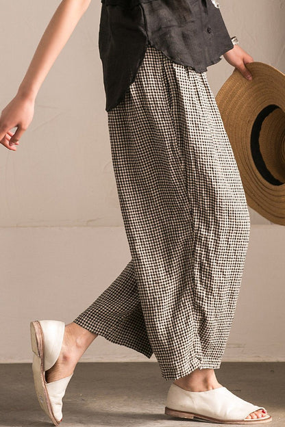 Black White Grid Wide-legged Pants Linen Trousers