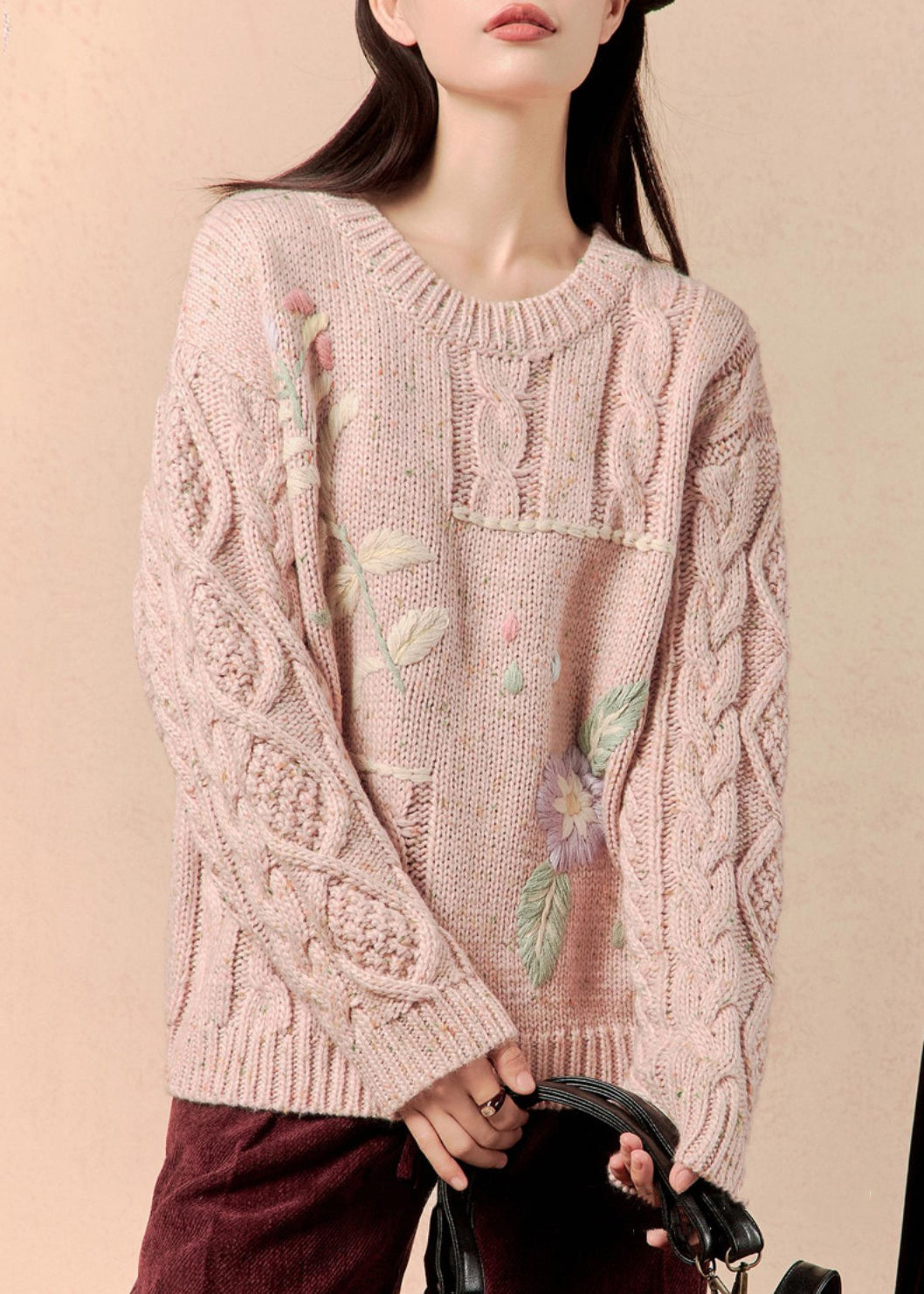 Pink Embroidered Loose Knit Sweater O-neck Spring