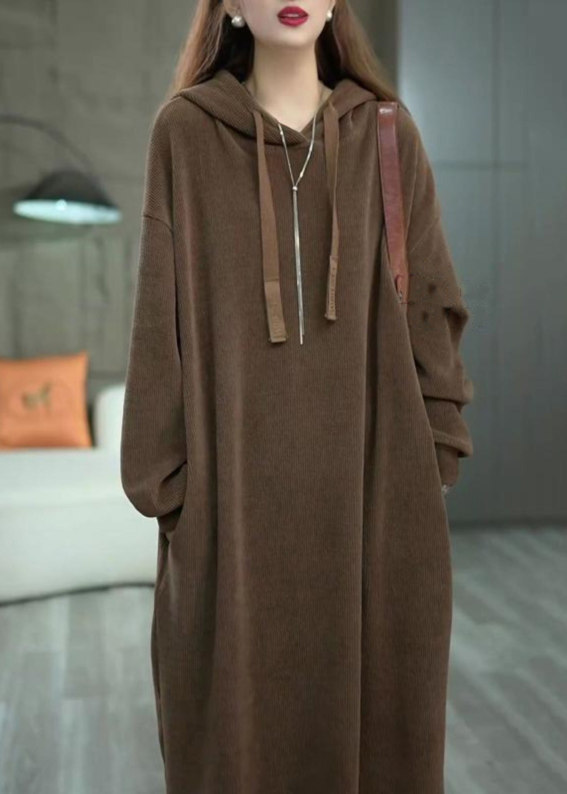 Loose Coffee Hooded Pockets Long Dress Winter