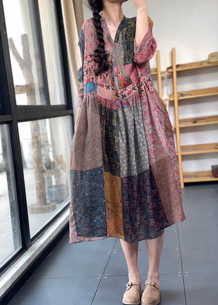 V Neck Print Wrinkled Maxi Dress Summer