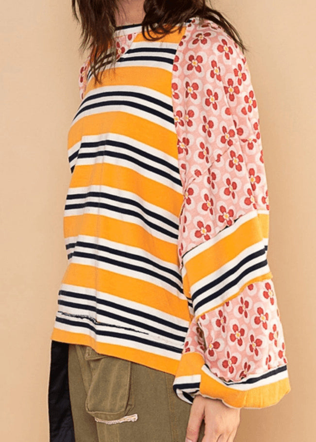 Stylish Yellow O Neck Striped Print Patchwork Cotton Top Lantern Sleeve