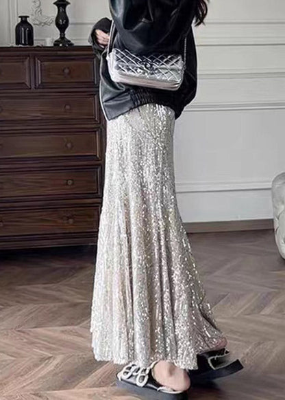 French Silver High Waist Sequins Maxi Skirts Summer