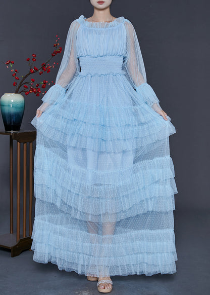 Blue Elastic Waist Patchwork Tulle Party Dress Fall