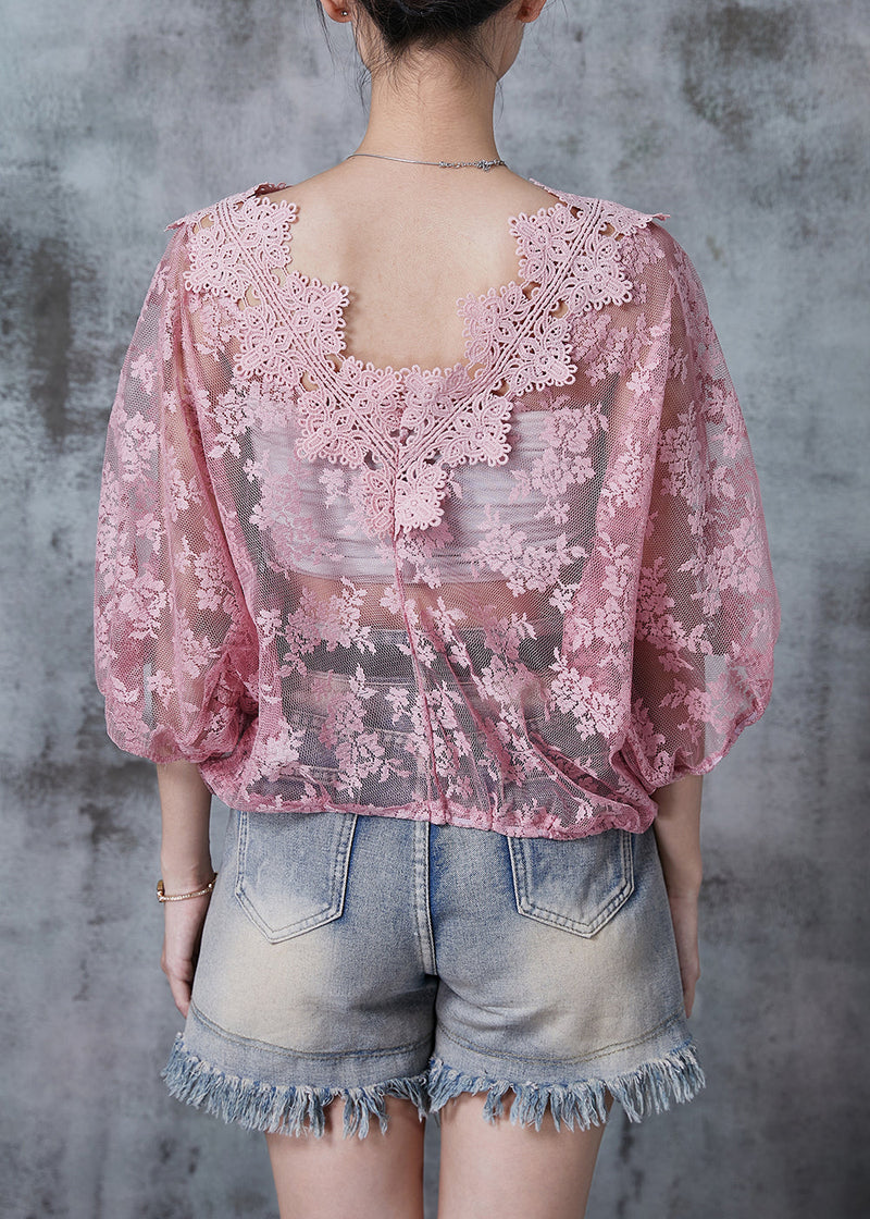 Pink Hollow Out Lace Blouse Top Summer