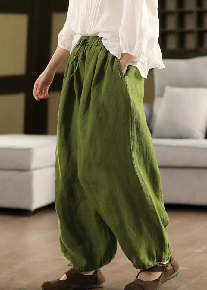 Green Laceup Linen Summer Crop Pants Elastic Waist