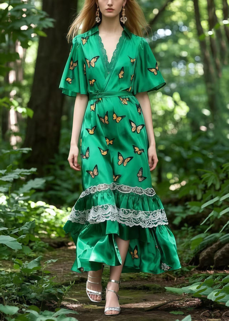 Tea Green Butterfly Patchwork Lace Silk Tunic Dress Summer
