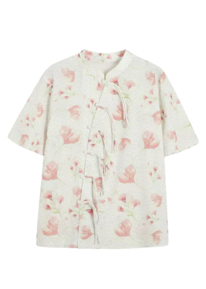 Chinese Style Beige Stand Collar Print Silk Shirt Summer