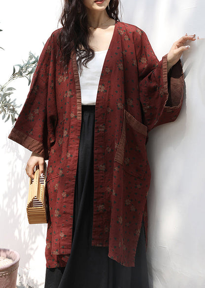 Red Pockets Print Patchwork Linen Cardigans Fall