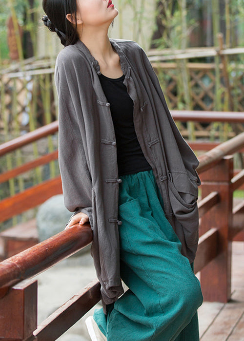 Grey Pockets Linen Coats Stand Collar Fall
