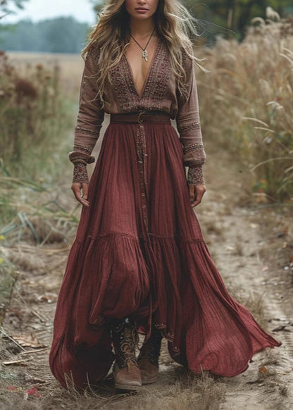 Colorblock V Neck Print Patchwork Cotton Long Dress Fall