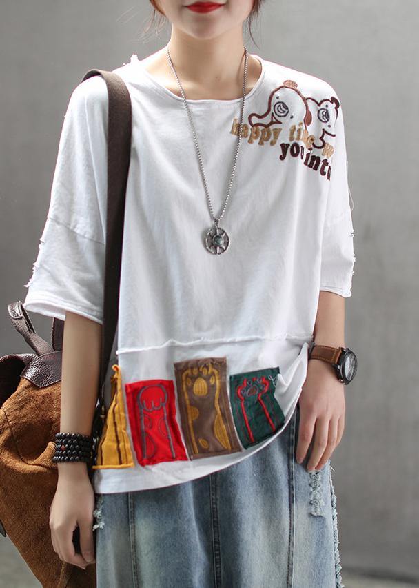 Red Cotton Clothes for Korea Summer Loose Retro Ripped Hole Embroidery T-shirt
