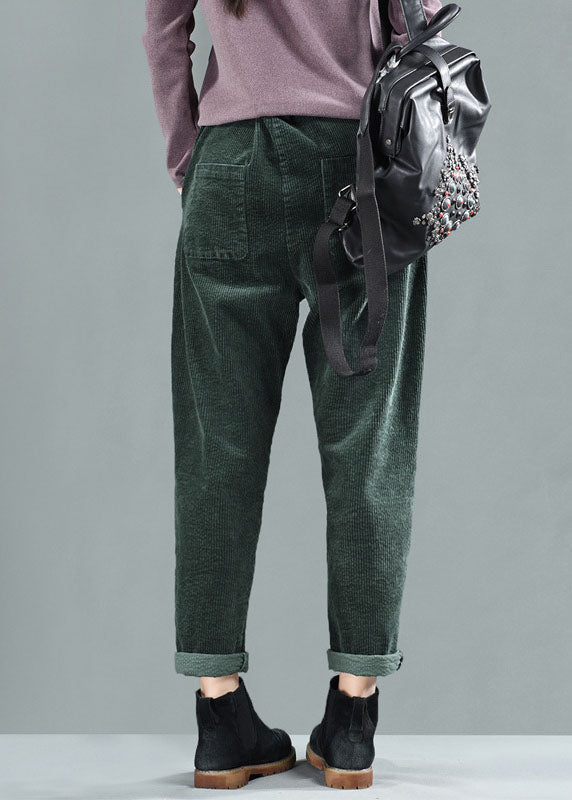 Green Elastic Waist Patchwork Corduroy Harem Pants Fall