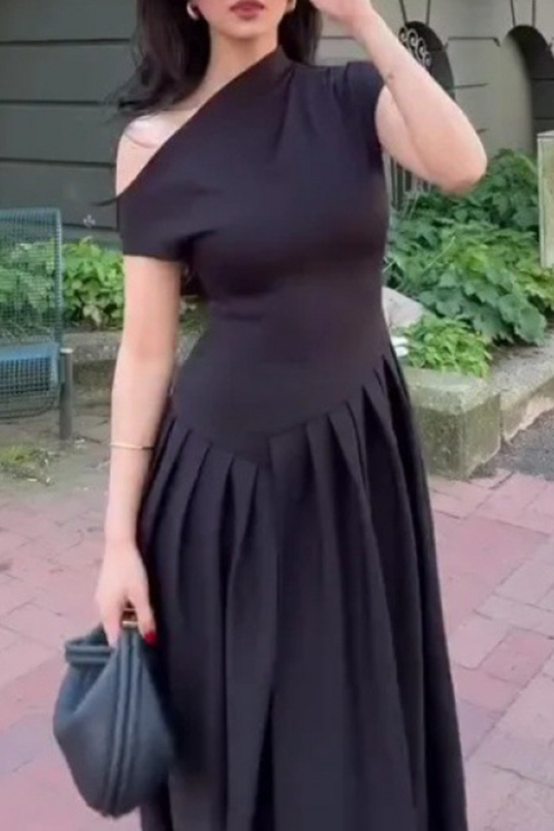 Street Color Ruched Irregular Oblique Collar Sleeveless Dresses(3 Colors)
