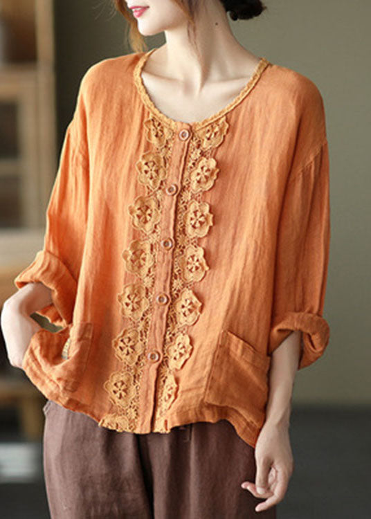 French Orange Embroidered Hollow Out Patchwork Fall Linen Top