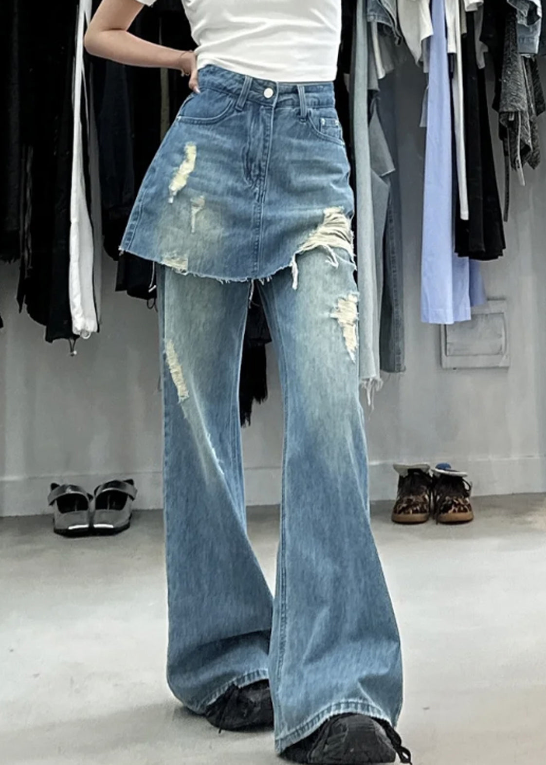 Blue False Two Pieces High Waist Denim Pants Summer