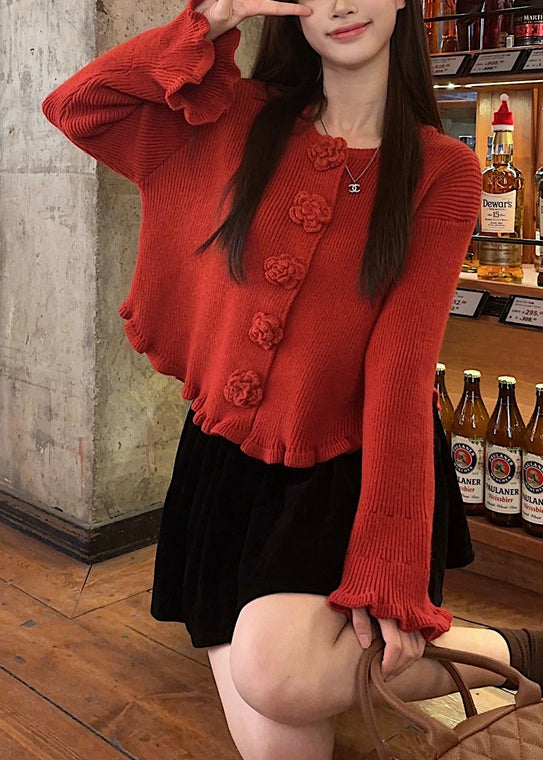 Novelty Red O Neck Knit Sweaters Fall
