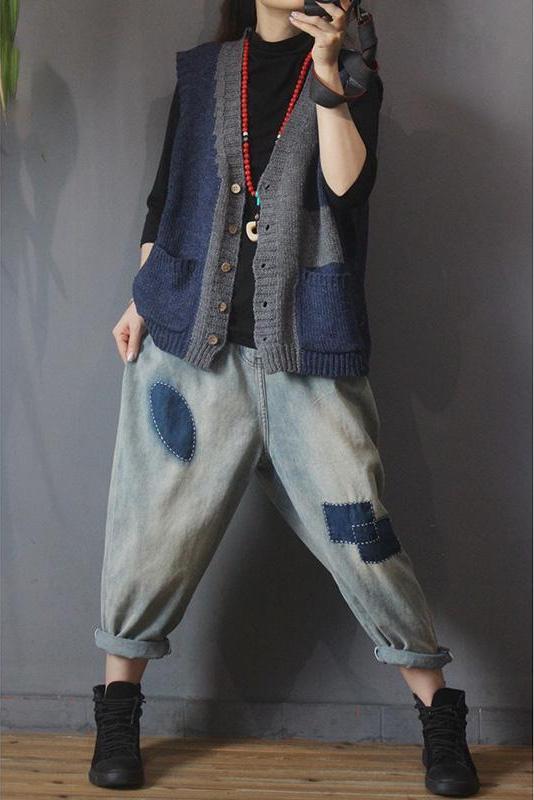 Retro Knitted Color Contrast Sleeveless Sweater Coat