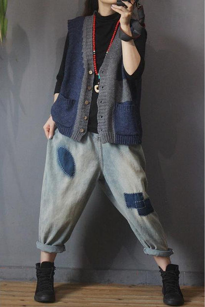 Retro Knitted Color Contrast Sleeveless Sweater Coat