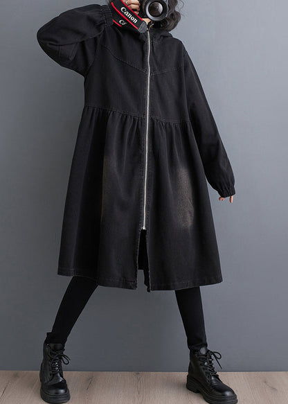 Black Peter Pan Collar Zippered Denim Long Trench Coats Fall