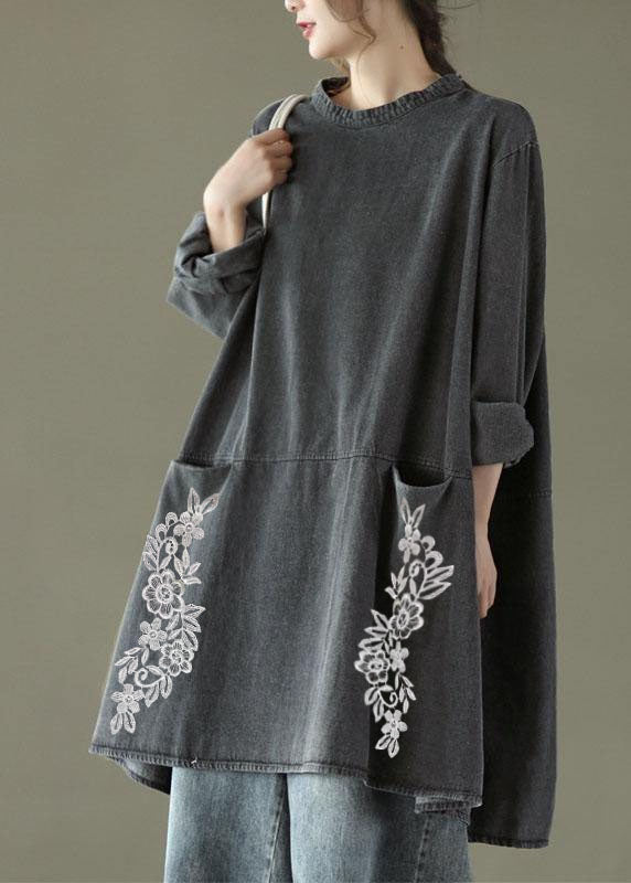 Black Grey-blue Flower O-neck Pockets Denim Long Dresses Long Sleeve