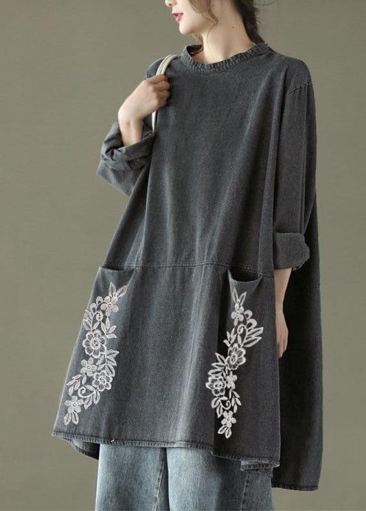 Black Grey-white Flowers O-neck Pockets Denim Long Dresses Long Sleeve