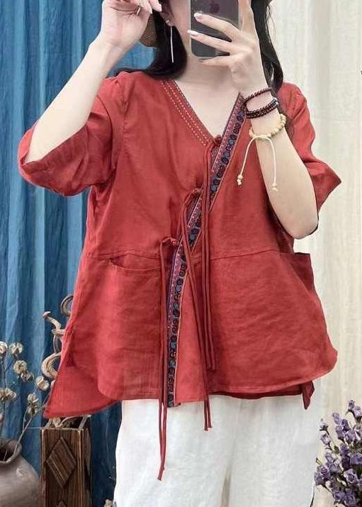 Rose V Neck Chinese Button Cotton Shirt Half Sleeve