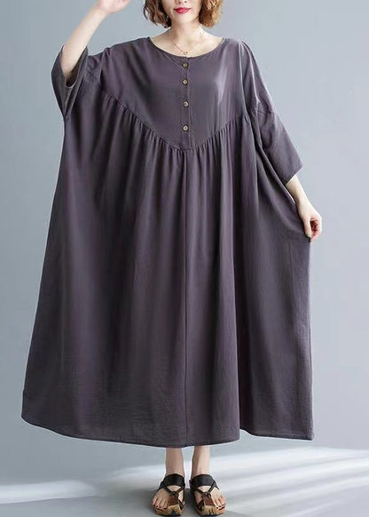 Dark Grey Patchwork Button Long Dresses Short Sleeve