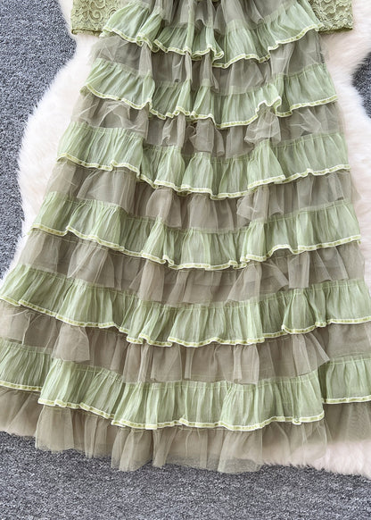Green Slash Neck Ruffled Patchwork Lace Party Dress Spring