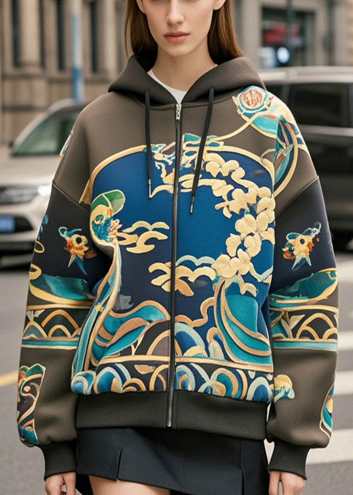 Blackish Green Oversized Print Cotton Hoodie Coat Fall