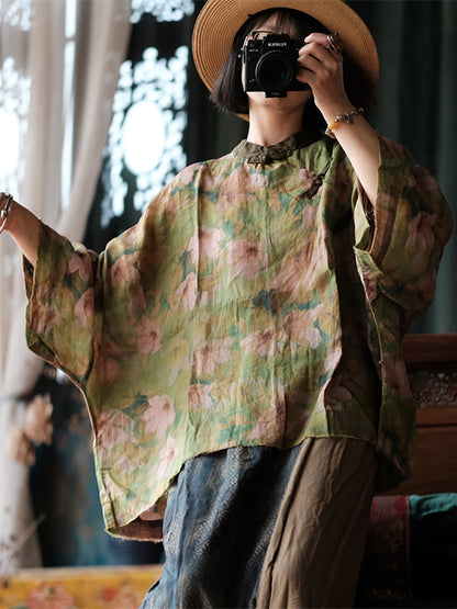 Autumn Flower Stand Collar Ramie Blouse