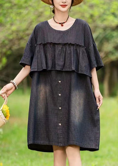 Loose Black O-neck Ruffled Print Denim Dress Summer