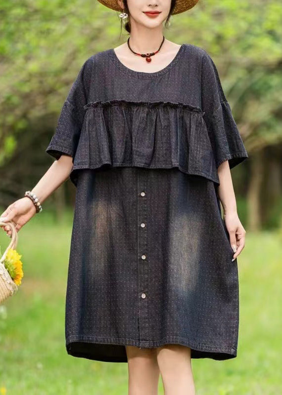 Loose Black O-neck Ruffled Print Denim Dress Summer