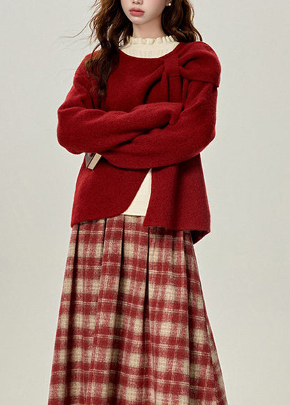 Red O Neck Versatile Knit Sweaters Spring