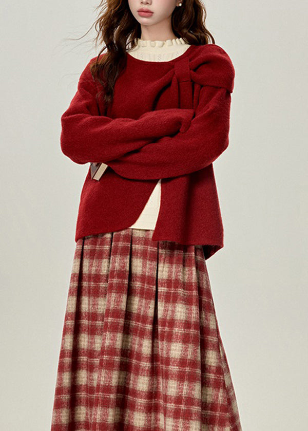 Red O Neck Versatile Knit Sweaters Spring