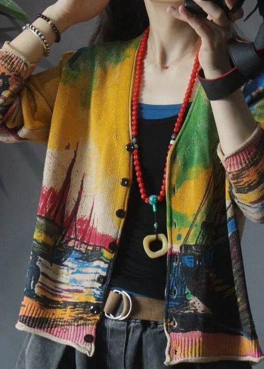 Yellow V Neck Print Knit Loose Cardigan Spring
