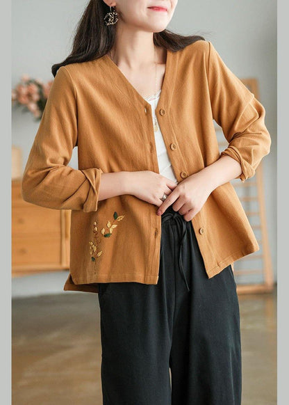 Unique Khaki Side Open Embroidered Fall Long Sleeve Shirt
