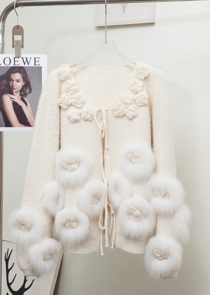 Red Decorated Patchwork Fox Fur Knit Cardigan Winter