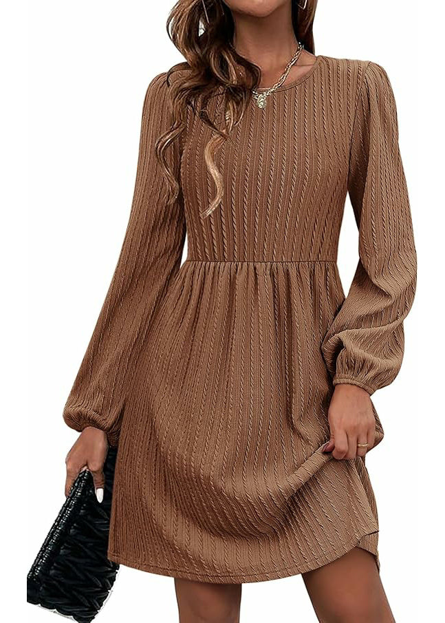 Style Black O Neck Pockets Cotton Mid Dresses Long Sleeve