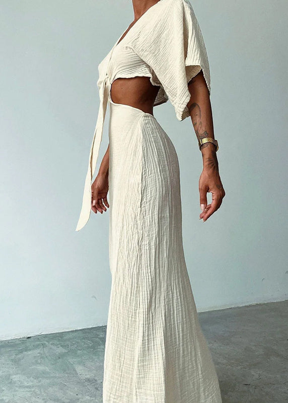 Blue V Neck Hollow Out Cotton Dresses Summer