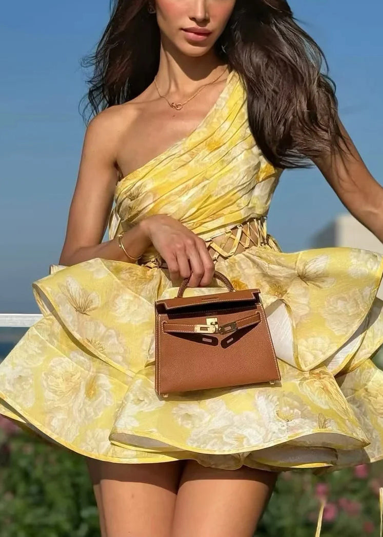 Yellow Asymmetrical Hollow Out Cotton Mini Dresses Sleeveless