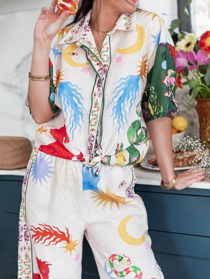 Short Sleeve Unique Print Loose Shirt and Elastic Waist Pants Set